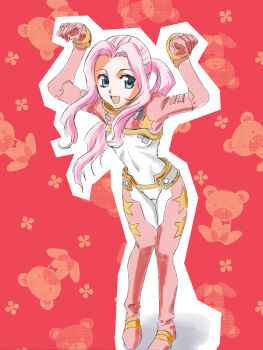  1girl :d akagi_gishou arms_up bear_print_background blue_eyes bodysuit caramelldansen commentary darry_adai hair_intakes long_bangs long_hair looking_to_the_side mecha_pilot_suit open_mouth outline pink_hair ponytail rabbit_pose red_background red_bodysuit smile solo stuffed_animal stuffed_toy teddy_bear tengen_toppa_gurren_lagann thigh_gap white_outline 