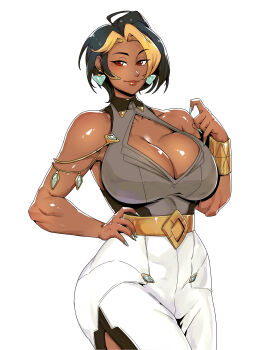  1girl absurdres bare_shoulders belt black_hair blonde_hair bracer breasts cleavage cleavage_cutout clothing_cutout commentary dark-skinned_female dark_skin domina_(overwatch) earpiece earrings grey_shirt highres jewelry large_breasts looking_at_viewer minew multicolored_hair overwatch pencil_skirt red_eyes shirt skirt sleeveless sleeveless_shirt smile solo two-tone_hair white_skirt 