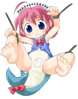  2003_server ahoge barefoot bdsm blue_eyes bondage bound bow feet fins fish_tail loli maebari monster_girl os-tan pink_hair sakurabe_notos simple_background soles tail tail_bow tail_ornament toes white_background 