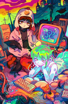  2girls absurdres bird brown_eyes brown_hair cityscape computer_keyboard crow green_eyes green_hair highres iwakura_lain monitor multiple_girls power_lines serial_experiments_lain stuffed_animal stuffed_toy teddy_bear utility_pole xamag 