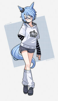  1girl absurdres animal_ears blue_eyes blue_hair blush closed_mouth collarbone commentary_request full_body glasses grey_shorts hair_between_eyes highres hood hood_down hoodie horse_ears horse_girl horse_tail k.s.miracle_(umamusume) layered_sleeves long_sleeves looking_at_viewer loose_socks parted_lips saramiao-chan semi-rimless_eyewear shoes short_hair short_over_long_sleeves short_sleeves shorts socks solo striped_sleeves tail umamusume under-rim_eyewear white_hoodie white_socks 
