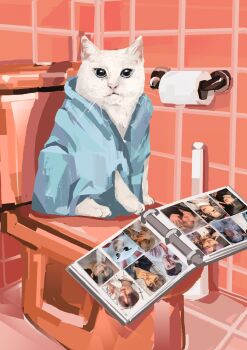  animal_focus bathroom blue_robe book cat commentary commission english_commentary full_body highres junbuug looking_at_viewer on_toilet open_book original photo_inset robe sitting toilet toilet_paper white_cat 