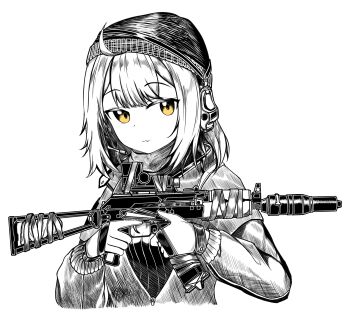  1girl :3 ahoge assault_rifle breasts callsign:_cedar character_request commentary cropped_torso english_commentary f4_u gun hat headset highres holding holding_gun holding_weapon long_sleeves looking_to_the_side rifle simple_background small_breasts smile solo spot_color weapon white_background yellow_eyes zipper 