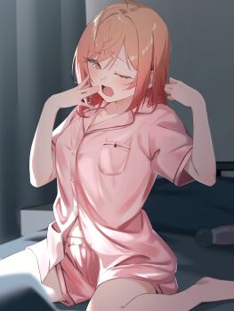  1girl absurdres ahoge blush breasts collarbone furrowed_brow gradient_hair hair_between_eyes hands_up highres hitachi_magic_wand hololive hololive_dev_is ichijou_ririka inuinuo_gataken large_breasts long_hair looking_at_viewer multicolored_hair navel one_eye_closed open_mouth orange_eyes orange_hair pink_hair pink_shirt pink_shorts sex_toy shirt short_shorts shorts sitting solo thighs vibrator virtual_youtuber waking_up wariza yawning 