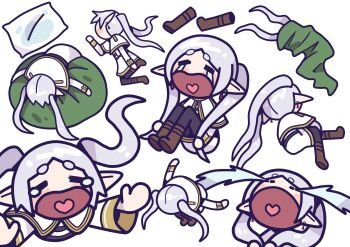  1girl akina_mochi black_pantyhose blush boots brown_boots capelet chibi chinese_commentary closed_eyes commentary_request crying earrings frieren frieren's_three-day_tantrum grabbing_own_hair grey_hair heart heart_in_mouth highres holding holding_own_hair jewelry long_hair long_sleeves multiple_views on_pillow open_mouth pantyhose pointy_ears rolling shirt simple_background sitting skirt solo sousou_no_frieren streaming_tears striped_clothes striped_shirt tear_stain tears twintails unworn_boots white_background white_capelet white_skirt wrapped_in_blanket 