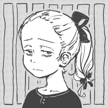  1girl female_focus forehead frown glaring greyscale hair_ribbon jitome looking_at_viewer monochrome orenjipiiru original ponytail portrait ribbon solo  rating:Sensitive score:34 user:danbooru