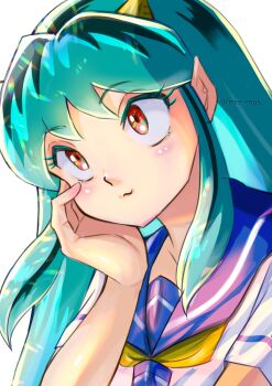  1girl artist_name blue_sailor_collar closed_mouth colored_eyelashes commentary_request cone_horns eyelashes green_hair hand_up head_rest head_tilt horns long_hair looking_up lum miz_mus neckerchief oni orange_eyes pointy_ears portrait sailor_collar school_uniform serafuku shirt sidelocks simple_background smile solo thinking twitter_username urusei_yatsura white_background white_shirt yellow_neckerchief  rating:General score:2 user:danbooru