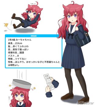 1girl :o ahoge bag bag_charm banana_peel black_bow blue_serafuku blue_shirt blue_skirt blush bow brown_footwear brown_pantyhose charm_(object) chibi collarbone commentary_request falling_washpan hair_between_eyes hair_flaps holding long_hair long_sleeves mitya multiple_views original pantyhose parted_lips pleated_skirt purple_eyes red_hair reference_sheet sailor_collar school_bag school_uniform serafuku shadow shirt shoes skirt sleeves_past_wrists slipping standing star_(symbol) translation_request twitter_username white_background white_sailor_collar