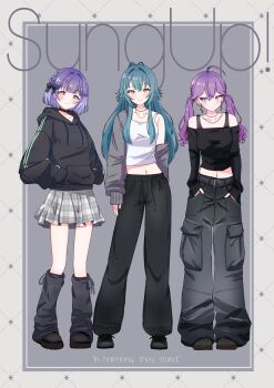  3girls absurdres ahoge alternate_costume antenna_hair baggy_pants black_choker black_hoodie black_pants black_shirt black_shoes black_socks blush bob_cut choker cropped_shirt full_body gakuen_idolmaster green_hair grey_background grey_jacket grey_skirt group_name hair_flaps hands_in_pockets hataya_misuzu highres hood hoodie idolmaster jacket jacket_partially_removed kaya_rinha lineup long_hair looking_at_viewer loose_socks midriff mole mole_under_eye mole_under_mouth multiple_girls navel off-shoulder_shirt off_shoulder pants plaid_clothes plaid_skirt purple_hair shinouzip shirt shoes single_bare_shoulder skirt smile socks streetwear syngup!_(idolmaster) tank_top tsukimura_temari twintails white_tank_top 