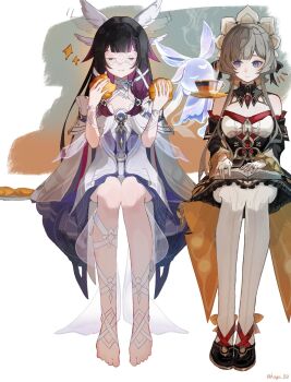  2girls armor artist_name black_hair black_robe black_shoes book bow bread breasts closed_eyes closed_mouth columbina_(genshin_impact) commentary crossed_legs cup dress eating eyepatch food genshin_impact gloves grey_background grey_hair hage_80 hair_bow hair_bun hand_on_book hands_up head_wings highres holding holding_cup holding_food japanese_armor legs long_hair looking_at_another luonnotar_(genshin_impact) maid_headdress medium_breasts multicolored_hair multiple_girls no_shoes orange_background pantyhose purple_dress purple_hair robe sandrone_(genshin_impact) see-through_clothes see-through_legwear shoe_box shoes short_hair shoulder_armor signature silk simple_background sitting sleeve_cuffs small_breasts sode symbol-only_commentary tea_ceremony tea_party teacup twitter_username white_background white_dress white_gloves white_pantyhose wings yellow_dress 