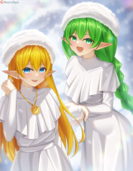  2girls :d absurdres artist_name blonde_hair blue_eyes blush braid braided_ponytail breasts capelet commission commissioner_upload cosplay dress earrings elf euphemy_sylvaine flat_chest gotou_maki gotou_maki_(cosplay) green_eyes green_hair hair_between_eyes hand_up hat highres jewelry large_breasts long_hair long_sleeves looking_at_viewer lori_hagami lotte_farona medium_breasts multiple_girls necklace official_art open_mouth patreon_logo patreon_username pointy_ears ponytail real_life skirt smile snow snowball snowing stud_earrings teeth twin_braids very_long_hair watermark ways_of_darkness_(series) web_address white_capelet white_dress white_skirt winter winter_clothes 