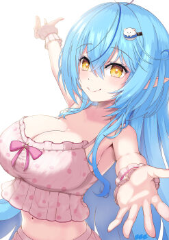  1girl absurdres ahoge blue_hair breasts camisole character_hair_ornament cleavage closed_mouth colored_tips crossed_bangs daifuku_(yukihana_lamy) double-parted_bangs frilled_camisole frilled_skirt frills hair_between_eyes hair_ornament hairclip heart heart_ahoge highres hololive large_breasts long_hair looking_at_viewer messy_hair midriff miniskirt_pirates multicolored_hair nail_polish navel offering_hand official_alternate_costume official_alternate_hairstyle pink_nails pointy_ears polka_dot polka_dot_camisole polka_dot_skirt reaching reaching_towards_viewer reiwa_rerere simple_background skirt sleepwear smile solo streaked_hair very_long_hair virtual_youtuber white_background white_camisole white_skirt wrist_cuffs yellow_eyes yukihana_lamy yukihana_lamy_(roomwear) 