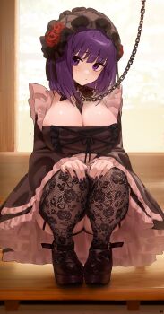 1girl absurdres between_breasts black_bonnet black_dress black_nails black_shoes black_sleeves blush bonnet breasts chain chain_leash cleavage commentary_request cosplay dress fingernails floral_print_thighhighs flower frilled_sleeves frills gothic_lolita hairband highres kitagawa_marin kuroe_shizuku lace lace-trimmed_collar lace_legwear lace_trim large_breasts leash lolita_fashion lolita_hairband looking_at_viewer nail_polish necktie necktie_between_breasts purple_eyes purple_hair red_flower red_rose rose shoes short_hair solo songchuan_li sono_bisque_doll_wa_koi_wo_suru squatting wide_sleeves rating:Sensitive score:62 user:danbooru