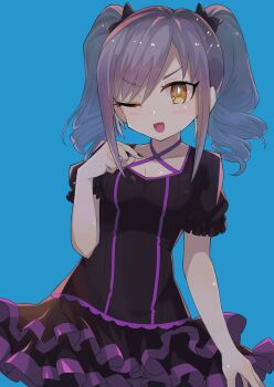  1girl black_bow black_nails blue_background blush bow breasts commentary_request drill_hair grey_hair hair_bow highres idolmaster idolmaster_cinderella_girls kanzaki_ranko looking_at_viewer nail_polish one_eye_closed open_mouth short_sleeves sidelocks simple_background skirt solo taru_haru twin_drills twintails yellow_eyes 
