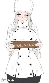  1girl absurdres black_skirt blush breasts closed_eyes commentary english_commentary fate/zero fate_(series) fur-trimmed_jacket fur_trim grin hat highres irisviel_von_einzbern jacket large_breasts long_hair oldmanjenkins84 parted_bangs skirt smile solo ushanka white_hair white_hat white_jacket 