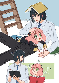  1boy 1girl ? ahoge anya_(spy_x_family) black_dress black_pants black_shoes blue_necktie book book_on_head child collared_shirt commentary_request dress eden_academy_school_uniform furrowed_brow gold_trim green_eyes hair_between_eyes hairpods hanakan hand_on_another's_head highres ladder medium_hair necktie object_on_head open_mouth pants parted_lips pink_hair reading red_eyes school_uniform shirt shoes sleeves_rolled_up smile socks spy_x_family white_shirt white_socks yuri_briar 