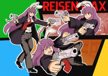  1girl animal_ears belt dual_wielding dynamic_pose full_body gun handgun highres hikibee holding holding_gun holding_weapon jacket long_hair max_payne_(series) necktie open_mouth pants parody purple_hair rabbit_ears rabbit_girl red_eyes reisen_udongein_inaba shoes solo teeth touhou weapon 