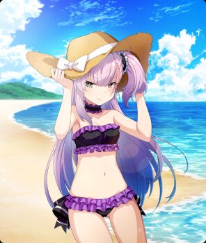 1girl :t bandeau bare_shoulders beach bikini black_bandeau black_bikini black_choker black_garter blue_sky blush breasts brown_hat choker cleavage cloud collarbone cowboy_shot day dot_nose frilled_bikini frilled_choker frilled_garter frills game_cg grey_eyes groin hair_ribbon hands_on_headwear hat horizon long_hair navel neck_garter ocean official_art outdoors pink_pupils pout purple_hair ribbon short_side_ponytail single_sidelock sky small_breasts solo sparkle strapless strapless_bikini straw_hat swimsuit third-party_source toji_no_miko toji_no_miko:_kizamishi_issen_no_tomoshibi tsubakuro_yume white_ribbon wide_brim 