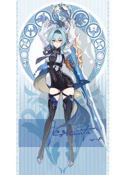  1girl absurdres arms_up black_boots black_gloves black_hairband blue_cape blue_hair blue_necktie boots breasts cape chest_harness commentary eula_(genshin_impact) full_body genshin_impact gloves hairband harness high-waist_shorts highres holding holding_sword holding_weapon kolimiya looking_at_viewer medium_breasts medium_hair necktie pillarboxed shorts side_cape signature solo song_of_broken_pines_(genshin_impact) sword thigh_boots weapon white_sleeves wide_sleeves yellow_eyes 