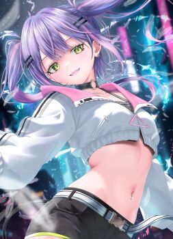  1girl belt black_choker black_shirt black_shorts choker commentary_request cowboy_shot crop_top cropped_jacket green_eyes hair_ornament hairclip highres hololive jacket long_hair long_sleeves looking_at_viewer midriff nanaki24 navel navel_piercing o-ring o-ring_choker open_mouth piercing purple_hair shirt short_shorts shorts sidelocks sleeveless sleeveless_shirt smile solo stomach tokoyami_towa tokoyami_towa_(1st_costume) twintails undershirt virtual_youtuber white_jacket 
