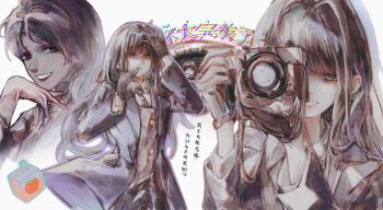  2girls absurdres alternate_costume black_gloves black_hair blue_coat blunt_bangs camera chibi coat collared_coat collared_jacket collared_shirt crying crying_with_eyes_open eye_reflection floating gloves green_eyes grey_background hair_between_eyes hand_on_own_face hand_on_own_head head_tilt highres holding holding_camera jacket juice_box kiousagi like_mother_like_daughter long_hair long_sleeves looking_at_viewer looking_down multicolored_eyes multiple_girls one-eyed open_clothes open_coat parted_lips red_pupils reflection school_uniform shade shaded_face shadow shirt short_hair smile somyung&#039;s_mother_(like_mother_like_daughter) spoilers streaming_tears taking_picture tears teeth vest 