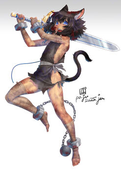  1girl 2025 animal_ears artist_name asymmetrical_legwear ball_and_chain_restraint bandage_gloves bandage_socks bandage_thighhighs bandaged_arm bandaged_leg bandages bdsm black_hair black_tail blood blood_in_hair blood_on_arm blood_on_back blood_on_cheek blood_on_clothes blood_on_ears blood_on_feet blood_on_leg blood_on_shoulder bloody_bandages blue_eyes breasts cat_ears cat_girl cat_tail chain clothing_request collar commentary_request cuffs dirty dirty_clothes dirty_face dirty_feet dynamic_pose fangs fingerless_gloves fran_(tensei_shitara_ken_deshita) full_body gem glint gloves gradient_background grey_ribbon hair_between_eyes hands_up highres holding holding_sword holding_weapon looking_at_viewer medium_hair open_mouth orange_outline outline over_shoulder po-ju rags red_gemstone ribs shackles shishou_(tensei_shitara_ken_deshita) sideboob sideless_outfit sidelocks signature slave slit_pupils small_breasts solo standing standing_on_one_leg stirrup_legwear sword sword_over_shoulder tail teeth tensei_shitara_ken_deshita thighs toeless_legwear toenails toes two-handed_sword upper_teeth_only variant_set waist_ribbon weapon weapon_over_shoulder white_background 