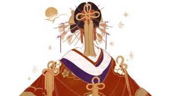  from_behind hair_ornament hair_stick highres japanese_clothes kanzashi kimono layered_kimono limited_palette nihongami oiran original pale_skin parody style_parody surie tassel tassel_hair_ornament upper_body white_background yuujo 