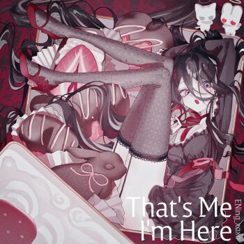  1girl absurdly_long_hair arm_up bare_shoulders belt belt_ribbon black_eyes black_hair black_nails black_pajamas black_thighhighs bow bow_garter_belt bow_necklace bowtie box breasts cake chocolate cleavage cream cupcake demon_cat demon_rabbit dress english_text ening_xoxo fingernails food frilled_dress frills fruit garter_straps gift gift_box green_eyes grey_thighhighs hair_between_eyes halo hand_up high_heels highres lace lace-trimmed_thighhighs lace_thighhighs lace_trim legs long_hair lying medium_breasts nail_polish on_side open_mouth original pajamas rabbit-shaped_pupils red_background red_shoes ribbon see-through_clothes see-through_dress see-through_sleeves see-through_thighhighs shoes sleepwear solo spooning strawberry suspenders symbol-shaped_pupils thighhighs very_long_hair 