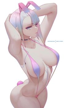  1girl anal anal_ball_wear anal_beads anal_object_insertion anal_tail animal_ears armpits arms_behind_head arms_up ass bikini blue_eyes blue_hair breasts butt_crack butt_plug collarbone cyberpunk cyberpunk:_edgerunners cyberpunk_(series) cyborg fake_animal_ears fake_tail large_breasts looking_at_viewer lucy_(cyberpunk) melowh multicolored_hair object_insertion pink_hair pink_slingshot_swimsuit playboy_bunny rabbit_ears rabbit_tail sex_toy short_hair sideboob slingshot_swimsuit standing swimsuit tail 