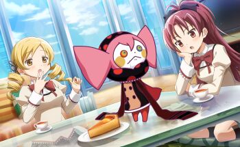  2girls antenna_hair arm_on_table artist_request black_bow black_skirt black_socks blonde_hair blue_sky bow bowtie brown_pantyhose cake cake_slice charlotte_(madoka_magica) cheesecake cloud collared_shirt couch cowboy_shot cup cushion day dot_nose drill_hair drooling dutch_angle elbow_on_table fingernails flower_hairpin food game_cg glass_table hair_bow hand_on_own_cheek hand_on_own_chin hand_on_own_elbow hand_on_own_face high_collar high_ponytail highres indoors jewelry juliet_sleeves kneehighs kneeling lace lace-trimmed_shirt lace-trimmed_sleeves lace_trim layered_shirt light_blush light_particles living_room long_hair long_sleeves looking_at_creature mahou_shoujo_madoka_magica mahou_shoujo_madoka_magica:_hangyaku_no_monogatari mahou_shoujo_madoka_magica_magia_exedra miniskirt mitakihara_school_uniform multiple_girls nail_art official_alternate_costume official_art open_mouth pantyhose plaid_clothes plaid_skirt plate pleated_skirt pocket ponytail pout puffy_sleeves red_bow red_bowtie red_eyes red_hair ring rug sakura_kyoko saucer school_uniform shirt skirt sky sleeve_cuffs socks surprised table tareme tea teacup television third-party_source tomoe_mami tsurime twin_drills very_long_hair window witch_(madoka_magica) yellow_eyes yellow_shirt zabuton 