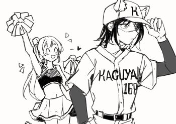  2girls :d ^_^ adjusting_clothes adjusting_headwear alternate_costume animal_ears bare_shoulders baseball_cap baseball_uniform blush cheerleader cho_kaguya-hime! closed_eyes closed_mouth colored_inner_hair commentary ears_through_headwear fox_ears fox_girl greyscale hair_bun hashtag-only_commentary hat highres holding holding_pom_poms jenjen layered_sleeves long_hair long_sleeves medium_hair miniskirt monochrome multicolored_hair multiple_girls navel open_mouth pleated_skirt pom_pom_(cheerleading) pom_poms profile runami_yachiyo sakayori_iroha shirt short_over_long_sleeves short_sleeves side_ponytail simple_background single_side_bun skirt sleeveless sleeveless_shirt smile sportswear stomach thick_eyebrows untranslatable_commentary white_background 