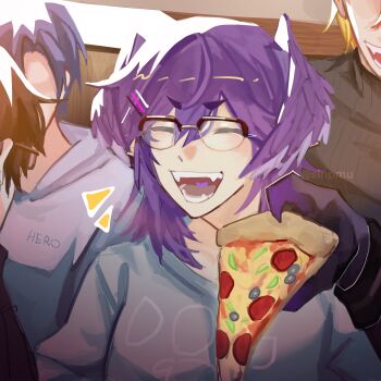 0rcazone 1girl 3boys axel_syrios bespectacled black_shirt blonde_hair blue_hair blue_shirt brown_hair commentary english_commentary fangs food glasses head_wings highres holding holding_food holding_pizza holostars holostars_english multiple_boys nijisanji nijisanji_en oh_nocturnal open_mouth pizza pizza_slice purple_hair regis_altare selen_tatsuki shirt solo_focus upper_body virtual_youtuber wings