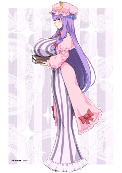  1girl alternate_breast_size_(larger) blue_bow blush book border bow breast_rest breasts carried_breast_rest carrying commentary crescent crescent_hat_ornament dress english_commentary fanbox_username frilled_hat frills hair_bow hat hat_ornament huge_breasts long_hair looking_at_viewer mob_cap patchouli_knowledge pink_hat pink_robe purple_hair red_bow robe sidelocks sideways_glance solo straight_hair striped_clothes striped_dress touhou vertical-striped_clothes vertical-striped_dress very_long_hair virus-g white_border 
