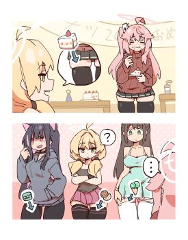  ... 2koma 4girls ? aged_up ahoge airi_(blue_archive) animal_ears bare_shoulders birthday black_choker black_hair black_skirt black_thighhighs blonde_hair blue_archive blush breasts brown_hair cake cat_ears cat_girl choker cleavage comic cookie ear_piercing eating embarrassed food green_eyes halftone halftone_background halo height_difference ice_cream kazusa_(blue_archive) large_breasts long_hair mabufuyo macaron medium_breasts miniskirt multicolored_hair multiple_girls natsu_(blue_archive) piercing pink_hair pink_halo pink_skirt red_eyes red_shirt red_sweater shaded_face shirt side_ponytail sidelocks skirt smile spoken_ellipsis spoken_question_mark strawberry_shortcake sweater table thick_thighs thighhighs thighs turtleneck turtleneck_sweater twintails two-tone_hair wide_hips yellow_eyes yellow_halo yoshimi_(blue_archive) 