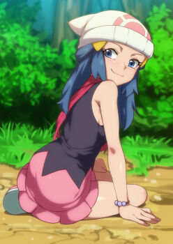 1girl arm_support ass bare_legs bare_shoulders bead_bracelet beads beanie black_shirt blue_eyes blue_hair blush boots bracelet bush commentary curvy dawn_(pokemon) english_commentary forest from_side grass hair_ornament hairclip hand_on_own_thigh hat headwear_request jcm2 jewelry long_hair looking_at_viewer looking_back nature naughty_face nintendo outdoors pink_skirt pokemon pokemon_dppt red_neckwear scarf shiny_clothes shiny_skin shirt sidelocks sitting skirt sleeveless sleeveless_shirt smile solo tree white_hat yokozuwari rating:Sensitive score:558 user:danbooru