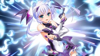  1girl aqua_eyes bare_shoulders covered_navel dagger detached_sleeves dual_wielding earrings exs-tia_luna floating_hair frilled_skirt frills game_cg gem green_eyes gun hair_between_eyes hair_ornament hair_ribbon halterneck handgun holding holding_gun holding_knife holding_weapon jewelry kamitsurugi_ouka knife kouyoku_senki_exs-tia_concert leotard long_hair looking_at_viewer magical_girl miniskirt non-web_source official_art open_mouth ribbon skirt solo sugahara_touka twintails weapon white_hair 