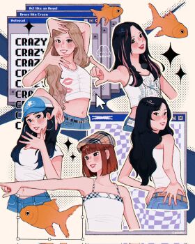 5girls artist_logo artist_name baseball_cap black_hair blonde_hair blush bob_cut brown_hair cheumi commentary crazy_(le_sserafim) crop_top cropped_shirt cropped_torso cursor dancing denim earrings english_commentary english_text fish goldfish hat highres hong_eunchae hoop_earrings huh_yunjin jeans jewelry k-pop kim_chaewon le_sserafim logo long_hair microsoft_windows midriff miyawaki_sakura multicolored_hair multiple_girls nakamura_kazuha navel pants real_life shirt short_sleeves sleeveless sleeveless_shirt smile song_name tank_top white_shirt white_tank_top window_(computing)