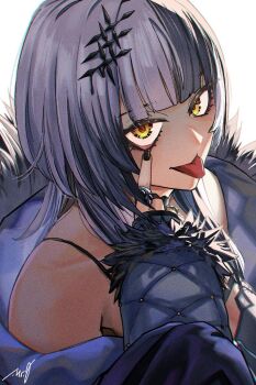  1girl :p black_hair black_jacket black_nails breasts commentary eyelid_pull film_grain fur-trimmed_jacket fur-trimmed_sleeves fur_trim grey_hair hair_ornament highres hololive hololive_english jacket jewelry large_breasts long_sleeves looking_at_viewer misteri2908 multicolored_hair multiple_rings nail_polish ring shiori_novella shiori_novella_(1st_costume) signature sleeves_past_wrists solo spaghetti_strap split-color_hair symbol-only_commentary tongue tongue_out two-tone_hair upper_body virtual_youtuber yellow_eyes 