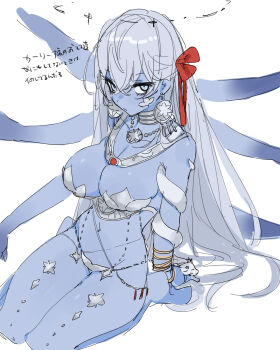  1girl armor bare_shoulders belly_chain bikini_armor blue_eyes blue_skin bracelet breasts cleavage colored_skin earrings extra_arms fate/grand_order fate_(series) hair_ribbon highres jewelry kaigan0211 kali_(fate) large_breasts long_hair looking_at_viewer navel neck_ring necklace ribbon sash snake solo thighs thumb_ring translation_request very_long_hair white_hair 