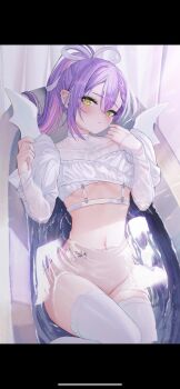 1girl bathtub bottomless breasts ear_piercing green_eyes highres hololive long_hair looking_at_viewer medium_breasts multicolored_hair navel piercing pink_hair ponytail purple_hair sanada_keisui solo stomach thighhighs tokoyami_towa underboob virtual_youtuber water white_thighhighs rating:Questionable score:24 user:danbooru