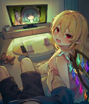  1boy 2girls black_pants blonde_hair blood bloody_knife blue_shirt blush bow commentary crystal dress empty_eyes fang flandre_scarlet grabbing_another's_arm green_eyes green_hair hat hat_bow hat_ribbon highres holding holding_knife hollow_eyes knife komeiji_koishi looking_at_viewer mob_cap multiple_girls nose_blush open_mouth pants pink_dress pointy_ears pov qiu_ju red_eyes red_nails ribbon shirt sitting tearing_up touhou vampire watching_television wings yellow_ribbon yellow_shirt  rating:General score:31 user:danbooru