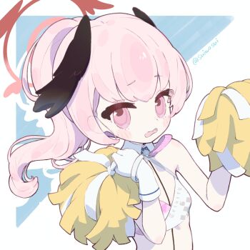  1girl black_wings blue_archive blush bra breasts collar commentary_request detached_collar gloves halo head_wings holding holding_pom_poms koharu_(blue_archive) long_hair looking_at_viewer pink_bra pink_eyes pink_hair pom_pom_(cheerleading) pom_poms ponytail red_halo small_breasts solo suwasui trinity_cheerleader_outfit_(blue_archive) twitter_username underwear white_bra white_collar white_gloves wings 