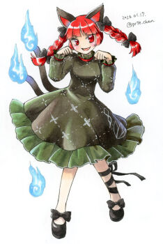  1girl animal_ears black_bow black_ribbon black_shoes bow braid cat_ears cat_girl cat_tail commentary_request dated dress footwear_bow full_body green_dress hair_bow hitodama kaenbyou_rin leg_ribbon long_sleeves looking_at_viewer multiple_tails one-hour_drawing_challenge paw_pose proton red_eyes red_hair ribbon shoes side_braids simple_background solo tail touhou twin_braids twitter_username two_tails v-shaped_eyebrows white_background 