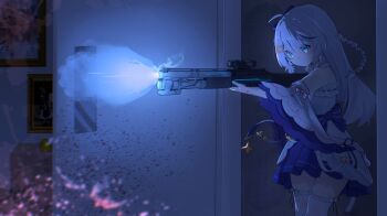  1girl absurdres blood blue_eyes commentary_request detached_sleeves firing gun highres holding holding_gun holding_weapon long_hair magical_girl original over-kneehighs shotgun sstareven2 thighhighs weapon white_hair 