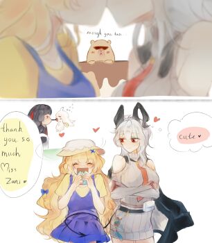  >_< 2girls 3girls abby_(wuthering_waves) absurdres bare_shoulders black_horns black_jacket black_tail blonde_hair blue_dress breasts chisa_(wuthering_waves) closed_eyes clothing_cutout commentary crossed_arms curled_horns demon_tail dress english_text flying_sweatdrops grey_dress grey_hair hair_between_eyes hair_ornament happy hat heart highres horns jacket jacket_on_shoulders large_breasts long_hair looking_at_another medium_breasts mikori multiple_girls official_alternate_costume phoebe_(wuthering_waves) red_eyes shirt shoulder_cutout sweater sweater_dress tail white_hat wuthering_waves x_hair_ornament yellow_shirt yuri zani_(downtown_repose)_(wuthering_waves) zani_(wuthering_waves) 