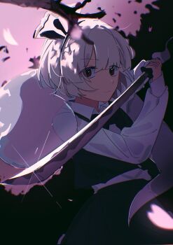  1girl black_bow black_bowtie black_hairband bow bowtie cherry_blossoms collared_shirt commentary daitiki_0000 falling_petals glint green_skirt green_vest grey_hair hairband highres hitodama holding holding_sword holding_weapon katana konpaku_youmu konpaku_youmu_(ghost) looking_at_viewer petals pink_petals red_eyes shirt short_hair skirt skirt_set solo sword touhou vest weapon white_shirt 