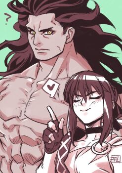  1boy 1girl abs alcides_(fate) commentary_request fate/strange_fake fate_(series) heracles_(fate) hippolyta_(fate) long_hair muscular muscular_male smile smug tall_male yellow_eyes 