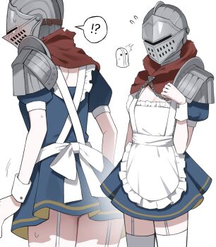  !? 1boy 1girl ^^^ absurdres anri_of_astora apron armor blue_dress blush commentary_request covered_face dark_souls_(series) dark_souls_iii dress flying_sweatdrops hand_up helm helmet highres horace_the_hushed idzuki_kenkyu-in maid maid_apron multiple_views pauldrons shoulder_armor simple_background single_pauldron solo_focus speech_bubble thighhighs white_apron white_background white_thighhighs wrist_cuffs 
