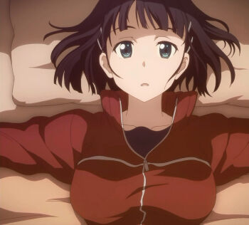  1girl anime_screenshot bed black_hair blue_eyes breasts collarbone jacket kirigaya_suguha large_breasts looking_at_viewer lying open_mouth pillow red_jacket short_hair solo stitched sword_art_online third-party_edit zipper  rating:Sensitive score:7 user:Narukovore