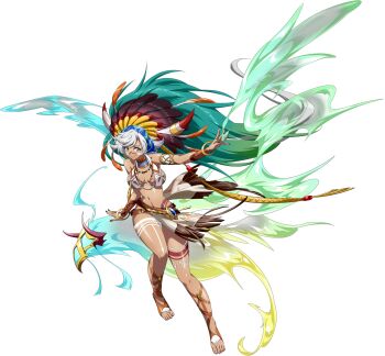  1girl absurdres animal arm_strap bare_legs bare_shoulders bead_necklace beads bird black_nails body_markings bodypaint bracelet bracer breasts cleavage closed_mouth dark-skinned_female dark_skin facial_mark feather_hair_ornament feathers floating_clothes fringe_trim full_body game_cg gladiator_sandals gold_bracelet grey_eyes grey_hair hair_ornament headdress highres jewelry langrisser langrisser_mobile legs loincloth looking_at_viewer magic medium_breasts nail_polish native_american native_american_clothes native_american_headdress navel necklace official_alternate_costume official_art outstretched_arms parted_bangs revealing_clothes sandals second-party_source short_hair simple_background smile solo standing stomach tachi-e tatalia_(langrisser) tattoo toenails transparent_background tribal tribal_tattoo white_loincloth 